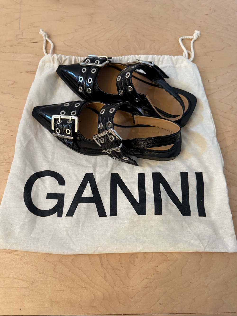Ganni Black Buckle Flats